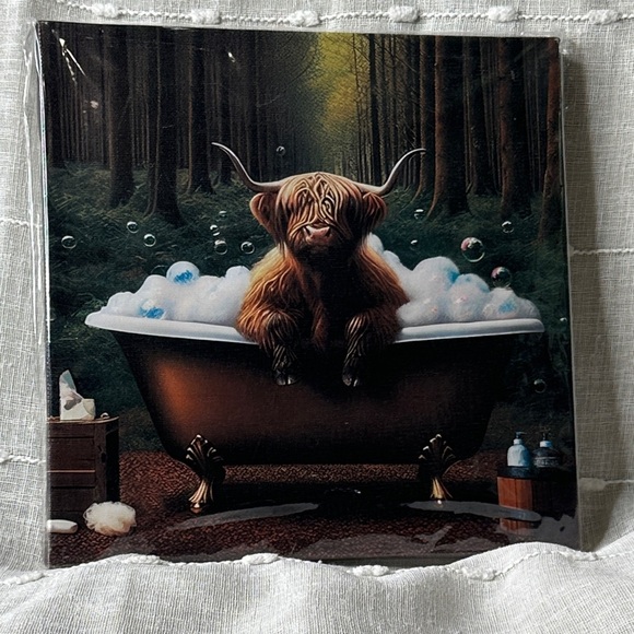 Highland Cow Bubble Bath Canvas Art Wall Hanging Canvas NWT Gifts 8.5"x8.5"x.75" - Picture 6 of 7